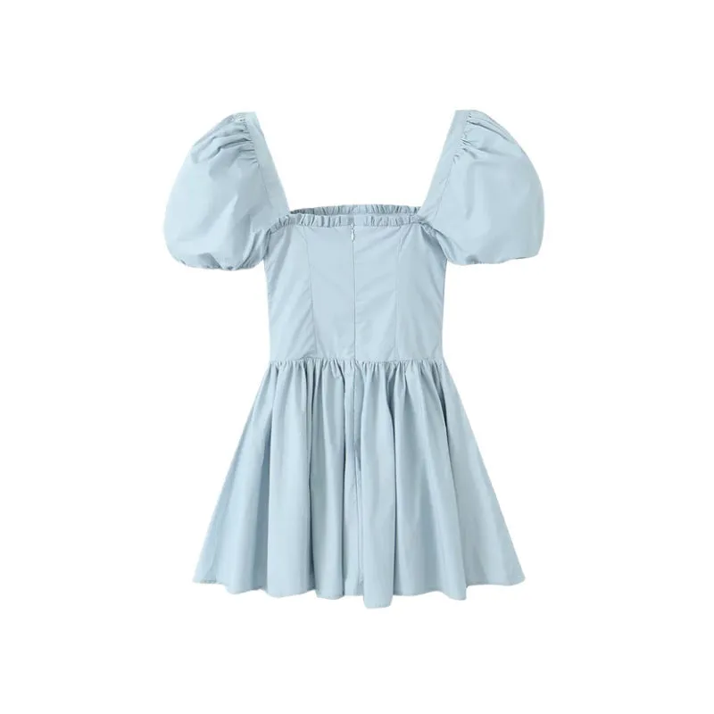 Girlary-shop hoco dresses French Style Girl Puff Sleeve Dress Women's Retro Square Collar Open Collarbone Stitching Waist Slim Pleated Skirt