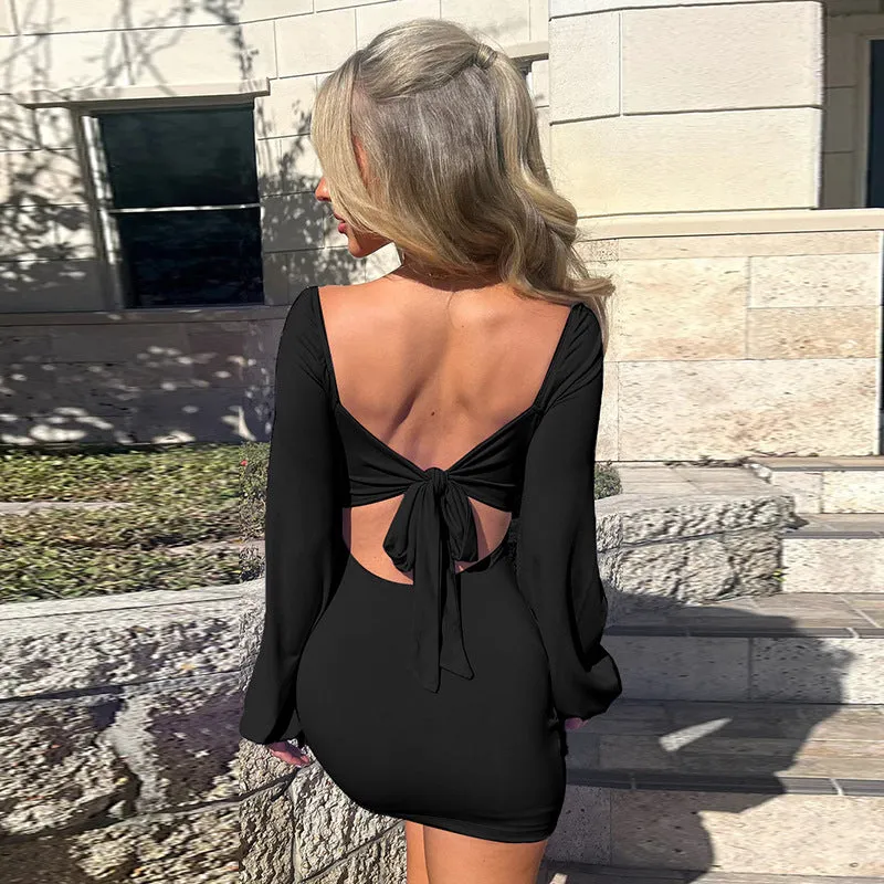 Girlary-shop outfit inspo 2024 Square Collar Lace-up Backless Lantern Sleeve Long Sleeve Pleated Slim Sheath Sexy Solid Color Dress Women