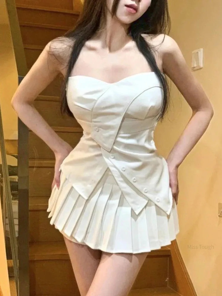 Girlary White Sexy Kawaii Two Piece Set Women Designer Elegant Party Mini Skirt Set Female Asymmetric Tops   Pleated Skirt Suit