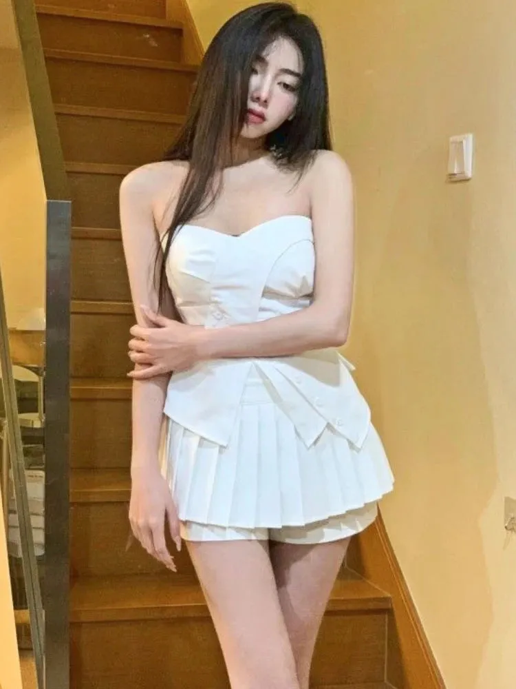 Girlary White Sexy Kawaii Two Piece Set Women Designer Elegant Party Mini Skirt Set Female Asymmetric Tops   Pleated Skirt Suit