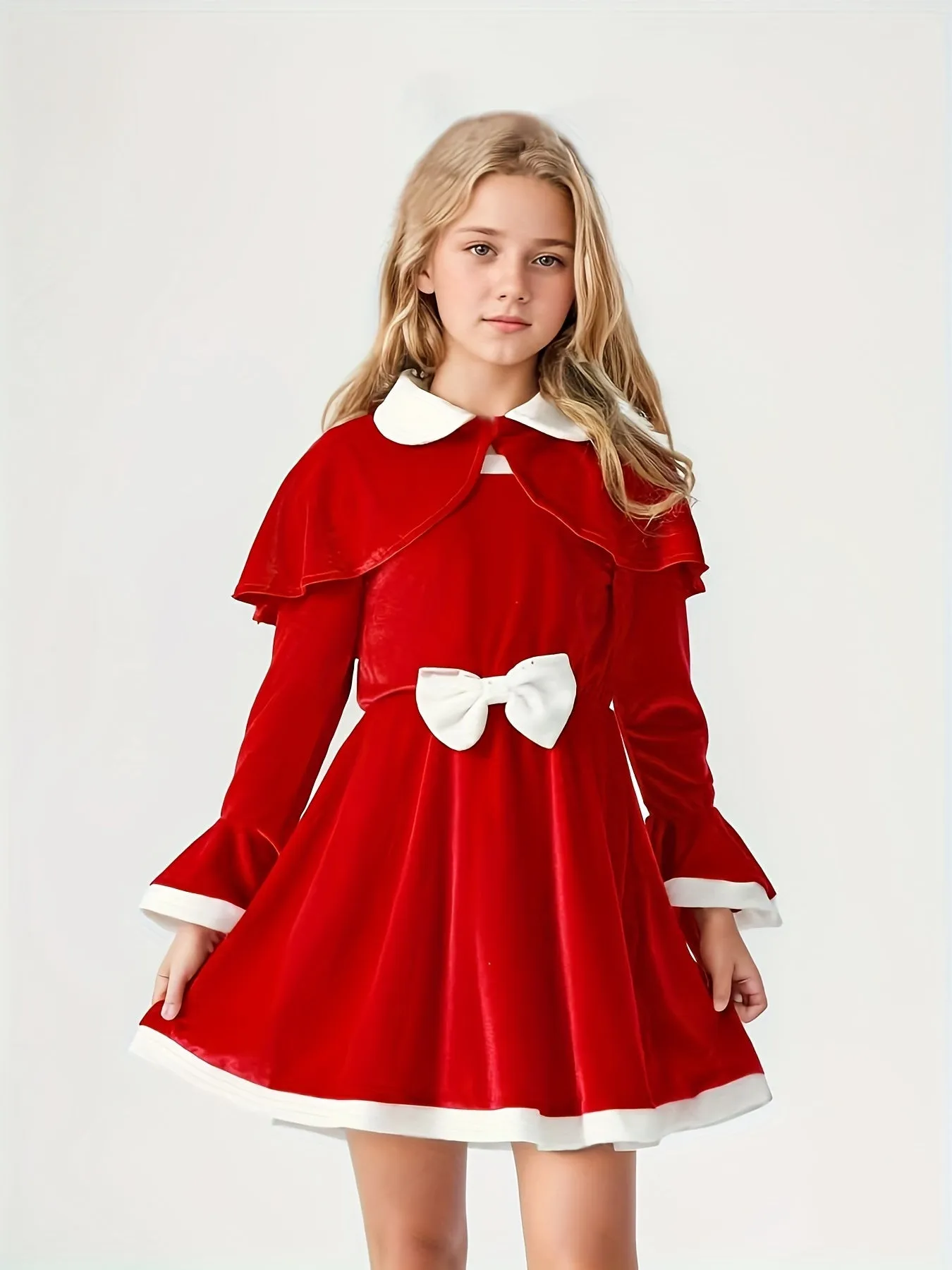 Girls 2-piece Christmas Style Flared Sleeve Color Block Long Sleeve Dress   Shawl Set, Elegant And Stylish For Autumn And Winter Outdoor Party Wear