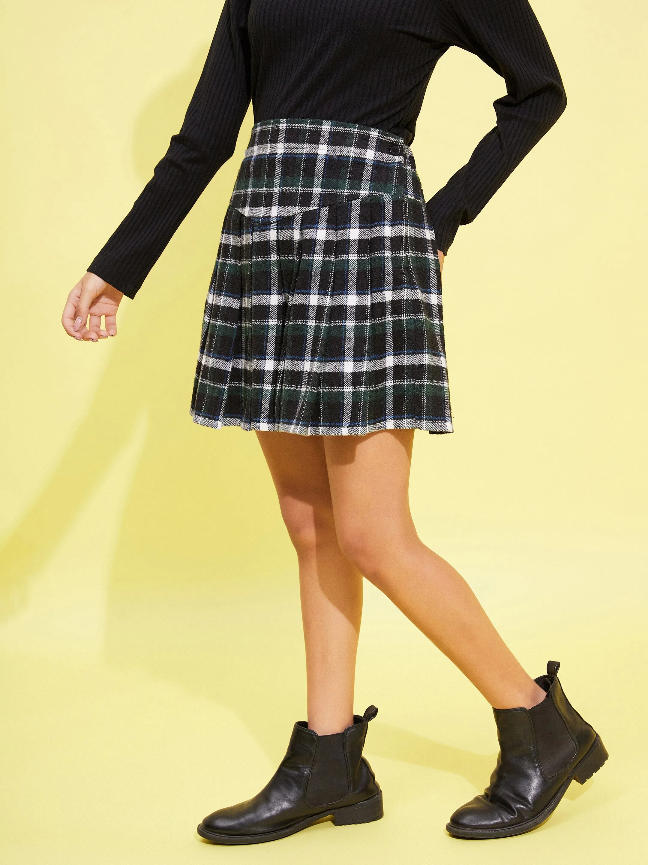 Girls Black & Green Check Front Yoke Pleated Skirt