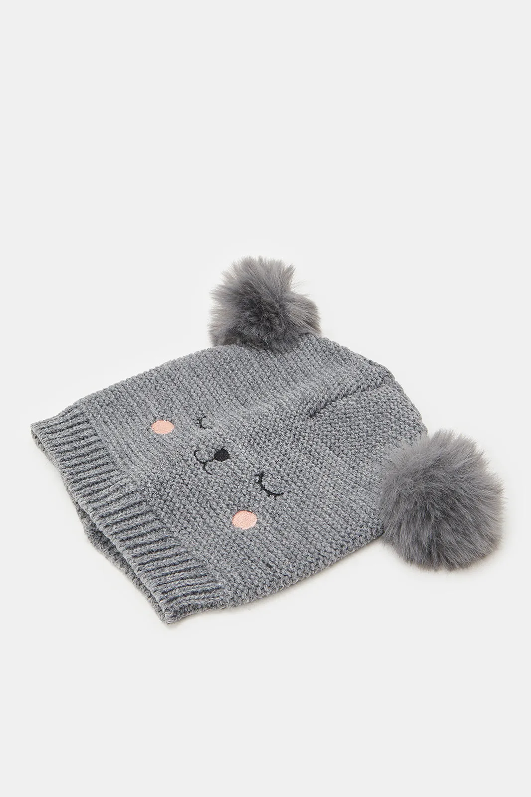 Girls Grey And Cream Beanies Set (Pack of 2)