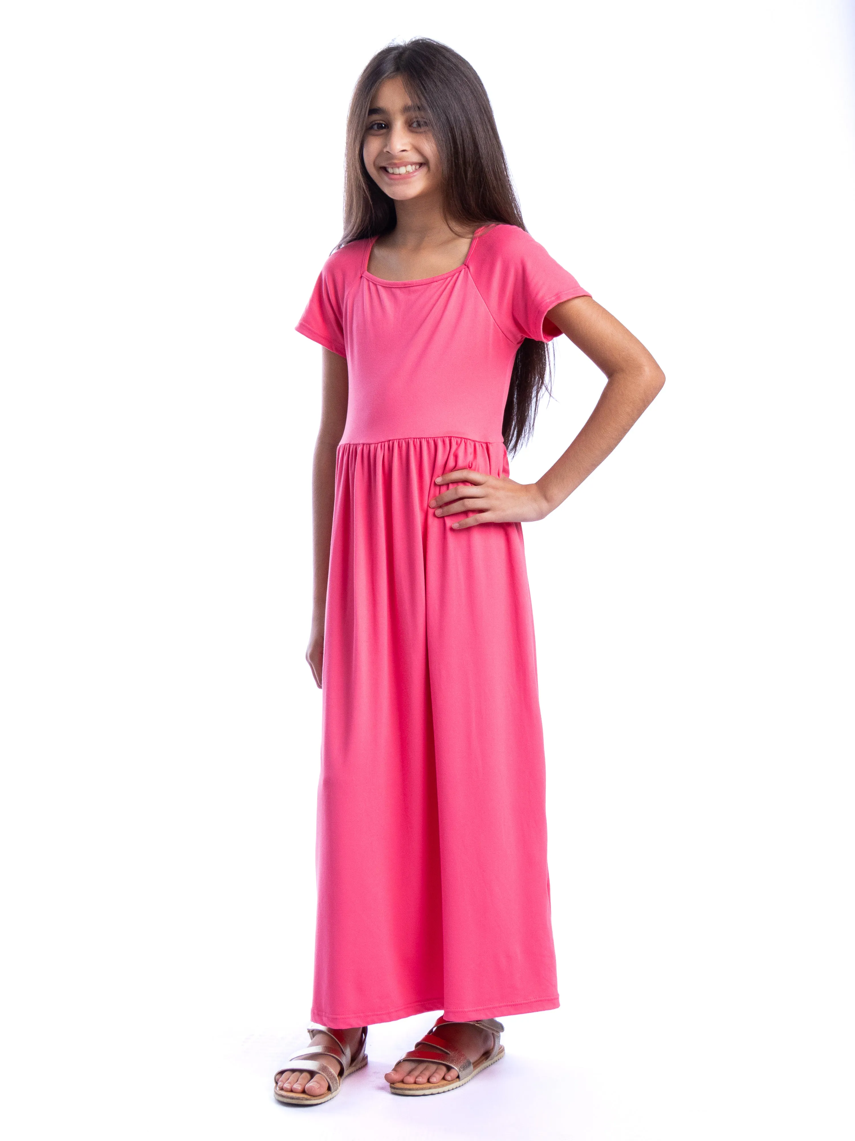 Girls Short Sleeve Pleated Maxi Dress