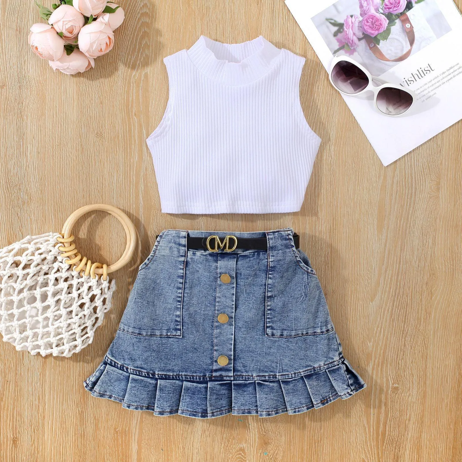 Girls' Solid Color Waistcoat Sleeveless Top Denim Open Bag Pleated Skirt Suit