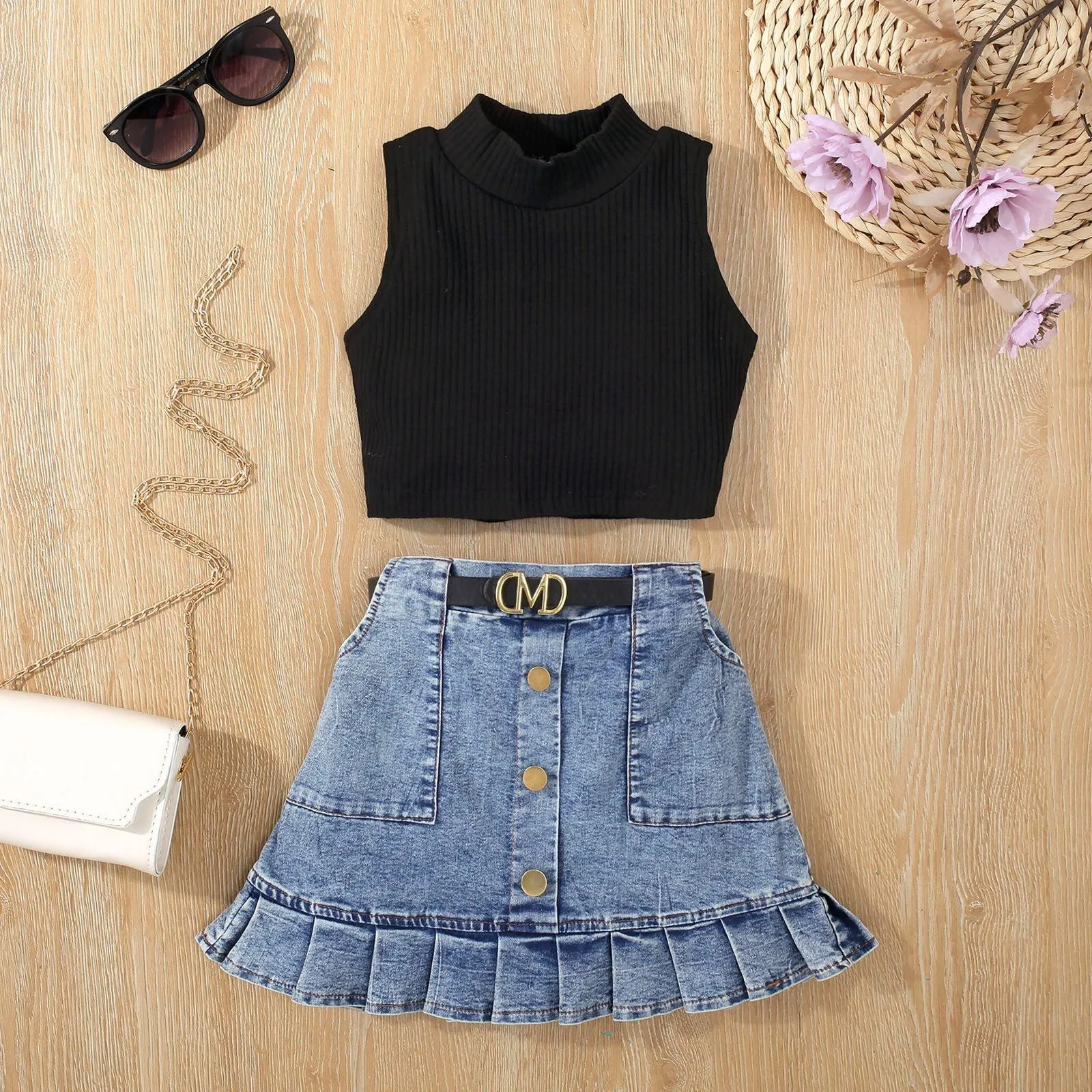 Girls' Solid Color Waistcoat Sleeveless Top Denim Open Bag Pleated Skirt Suit