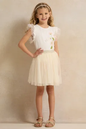 Girls White And Gold Tee With Lace Skirt (2 Piece)