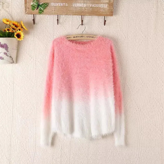 Gradient Sweater 2016 New Fashion Knitted Oversized Fluffy Sweaters Tricot Ladies Knit Batwing Mohair Loose Pullovers WS-050