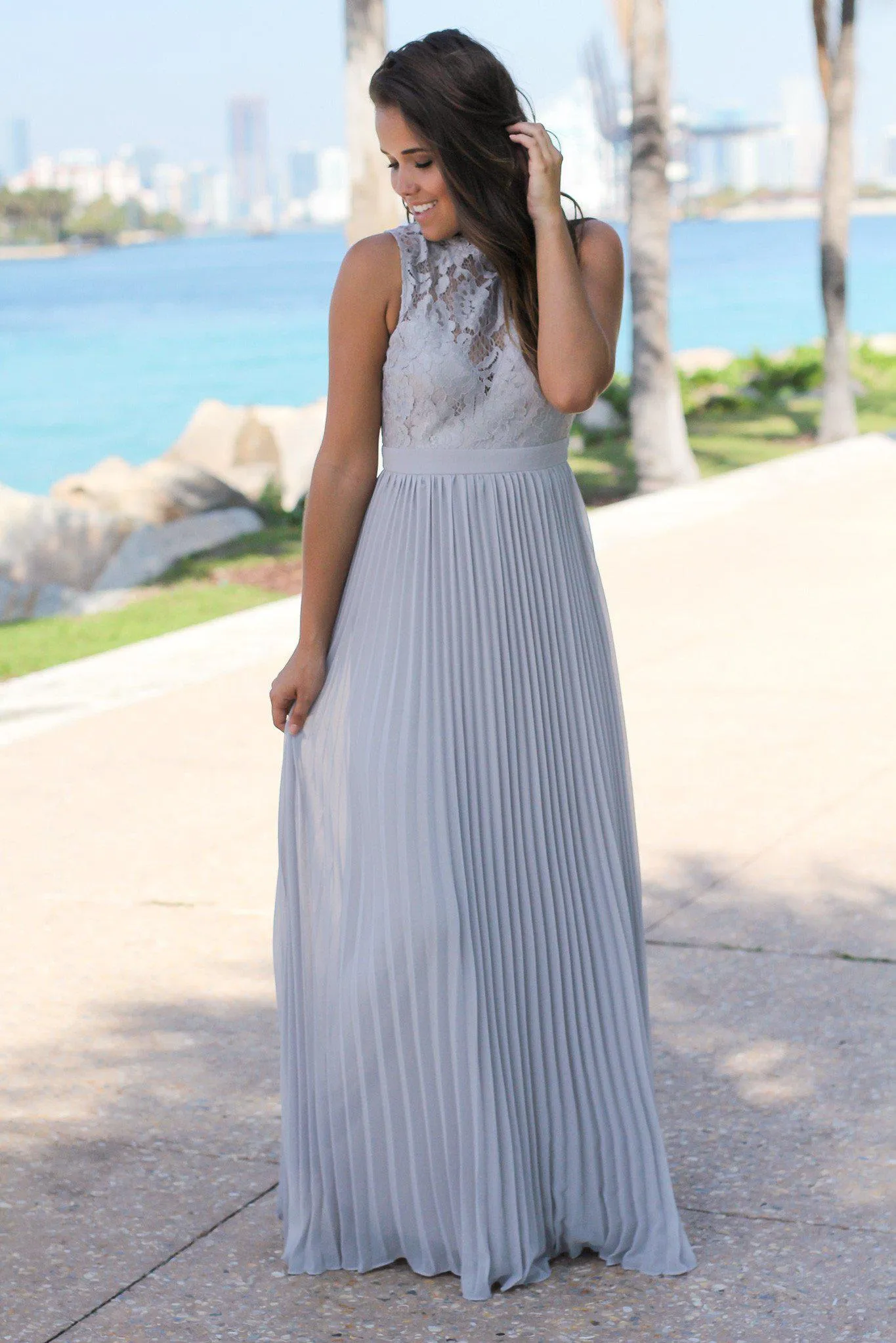 Gray Lace Maxi Dress with Pleated Skirt