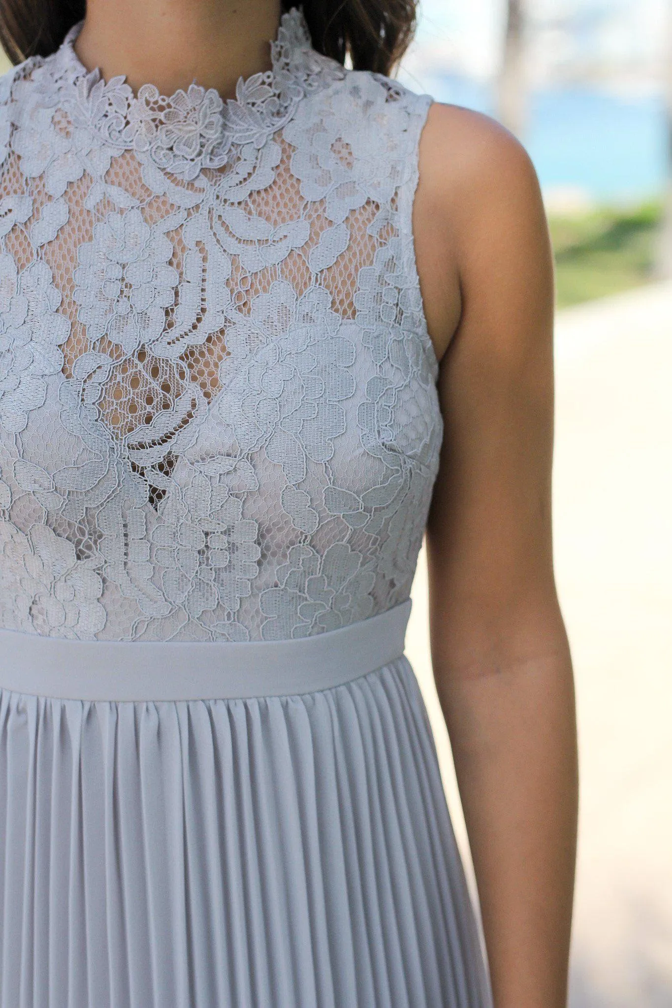 Gray Lace Maxi Dress with Pleated Skirt