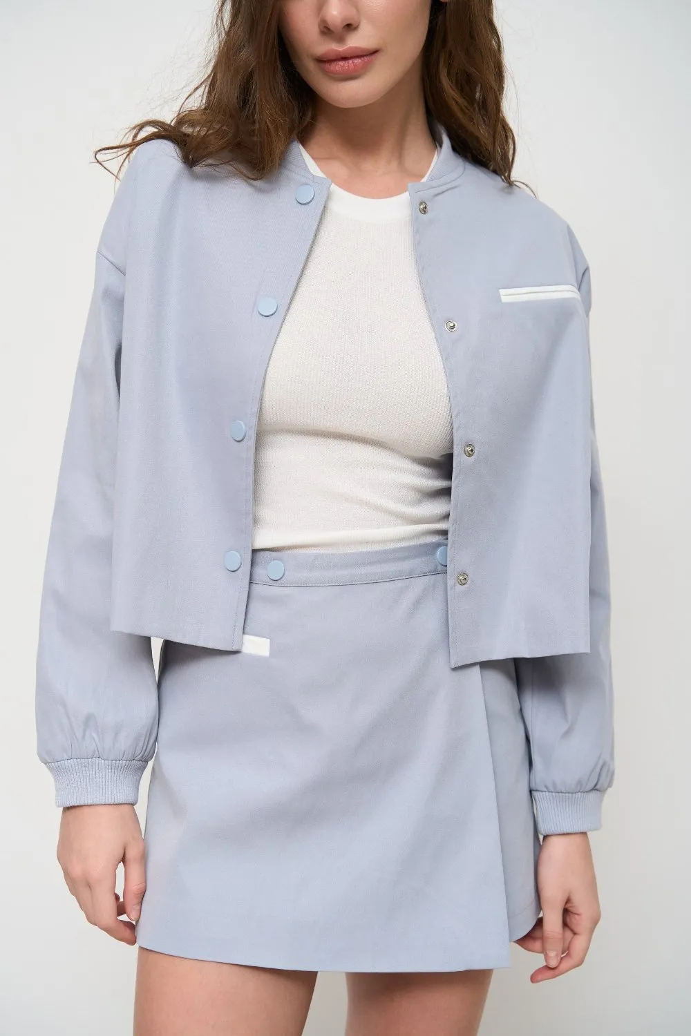 Grey Cropped Bomber Jacket with Pockets