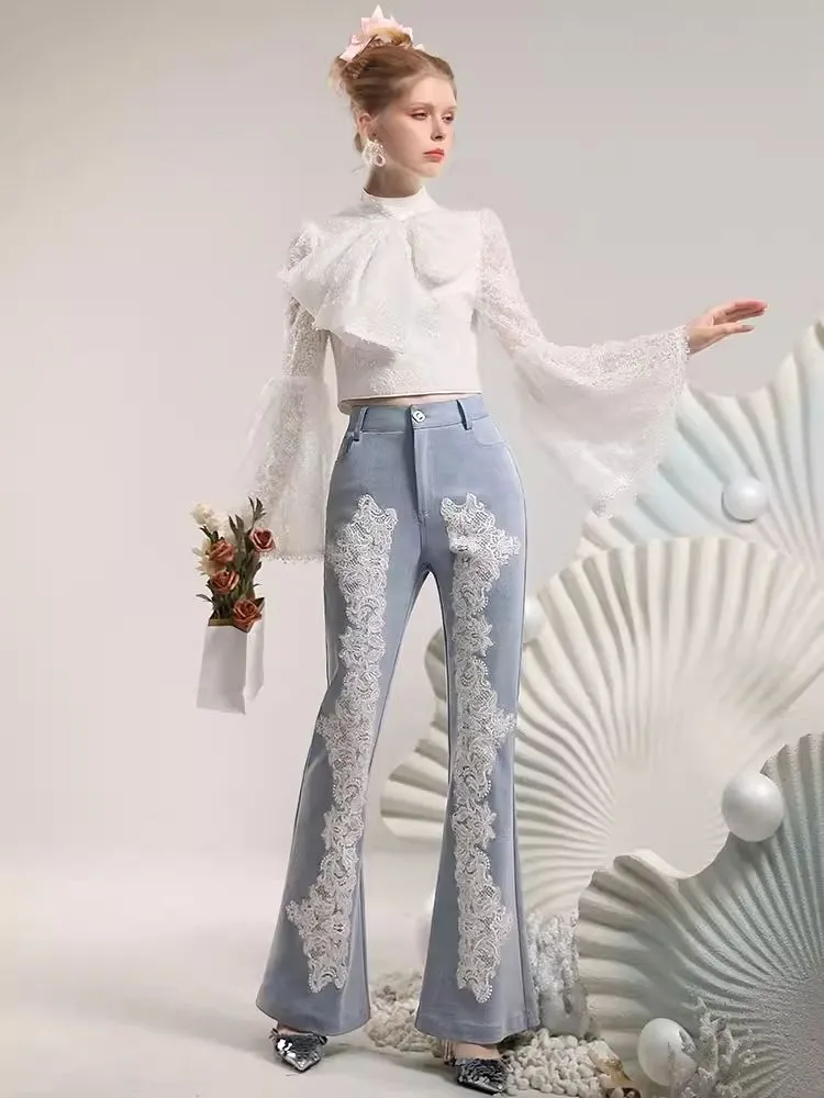 Heavy Lace Flower Waisted Slim Flared Pants【s0000006835】