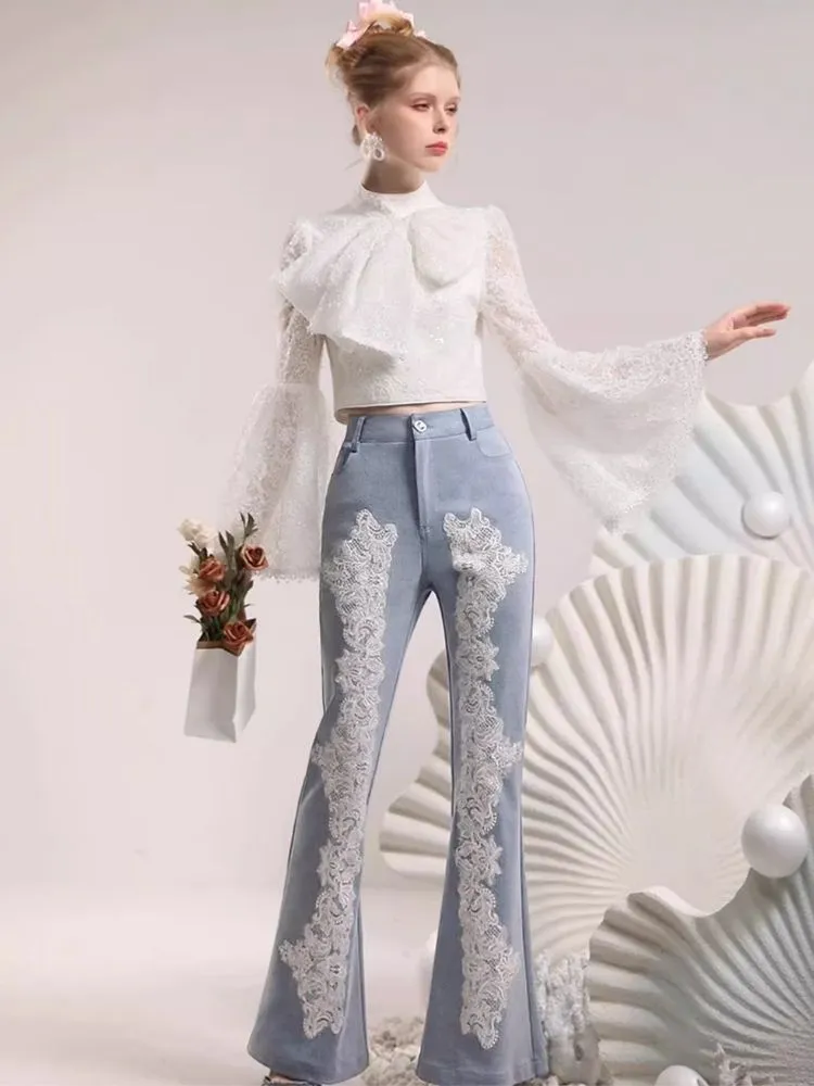 Heavy Lace Flower Waisted Slim Flared Pants【s0000006835】