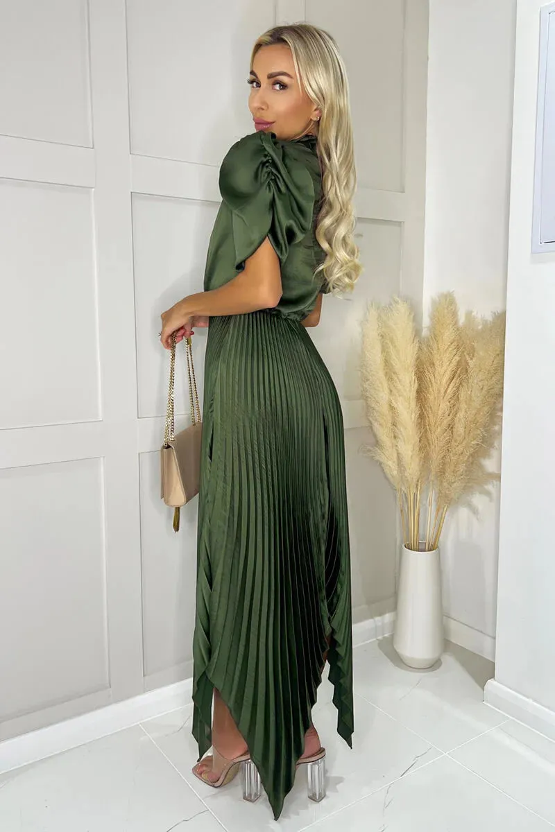 High Neck Puff Sleeve Zig Zag Hem Pleated Midi Dress - Olive