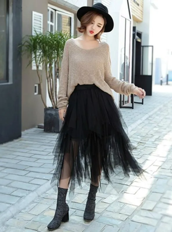 High Waist Mesh Tutu Skirt Pleated Long Skirts Midi Skirt