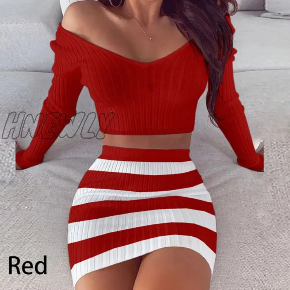 Hnewly Sexy Women Suits Skirt 2 Piece Set Crop Top Striped Off Shoulder Outfit Slim V Neck Party Mini Dress Bodycon Female Clothes Pretty Girl Outfits