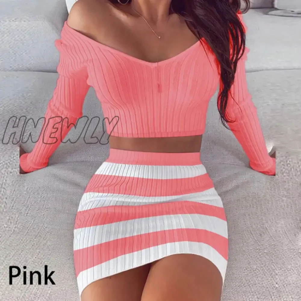 Hnewly Sexy Women Suits Skirt 2 Piece Set Crop Top Striped Off Shoulder Outfit Slim V Neck Party Mini Dress Bodycon Female Clothes Pretty Girl Outfits