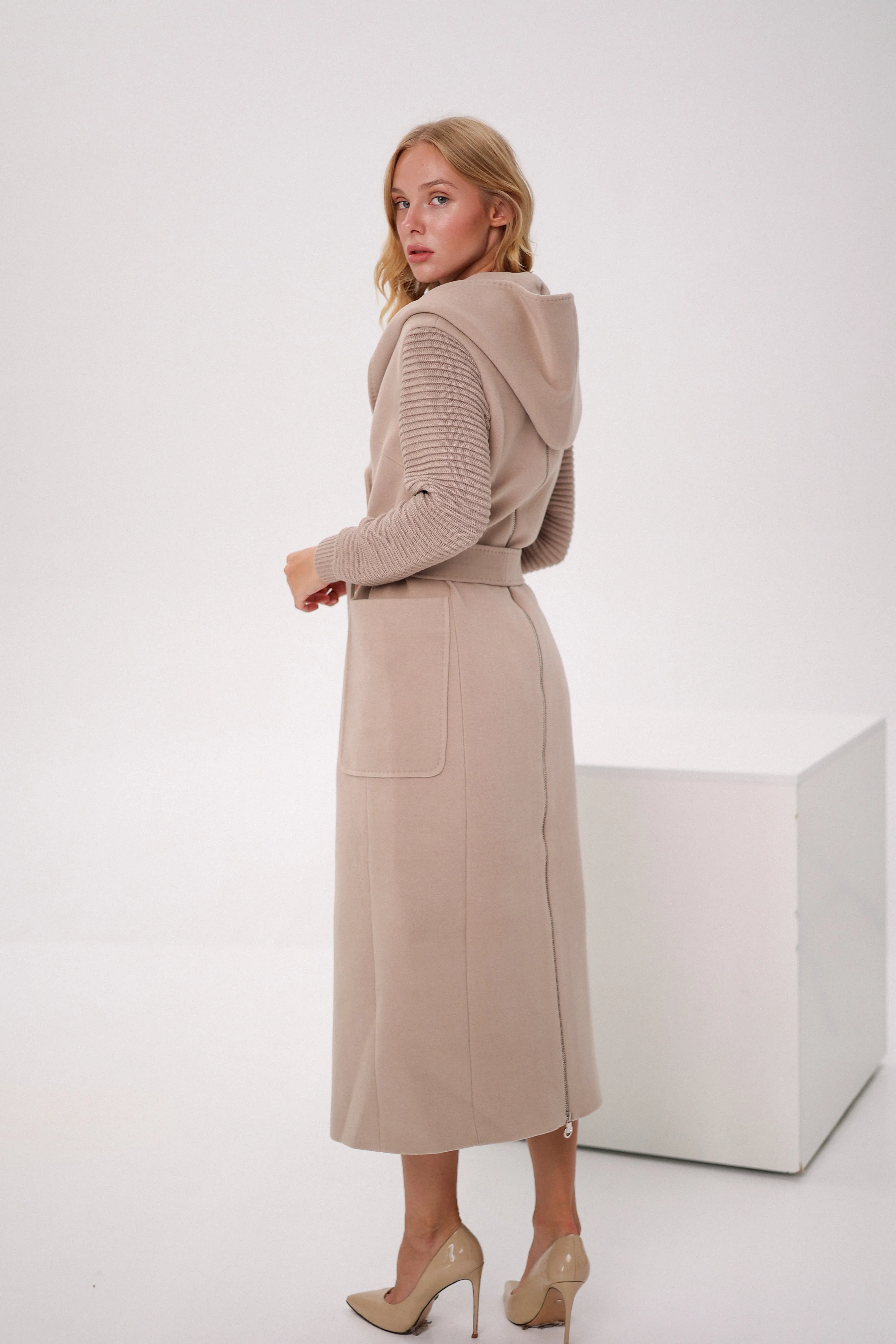 Hooded Knit Sleeves Cashmere Wool Coat in Nude