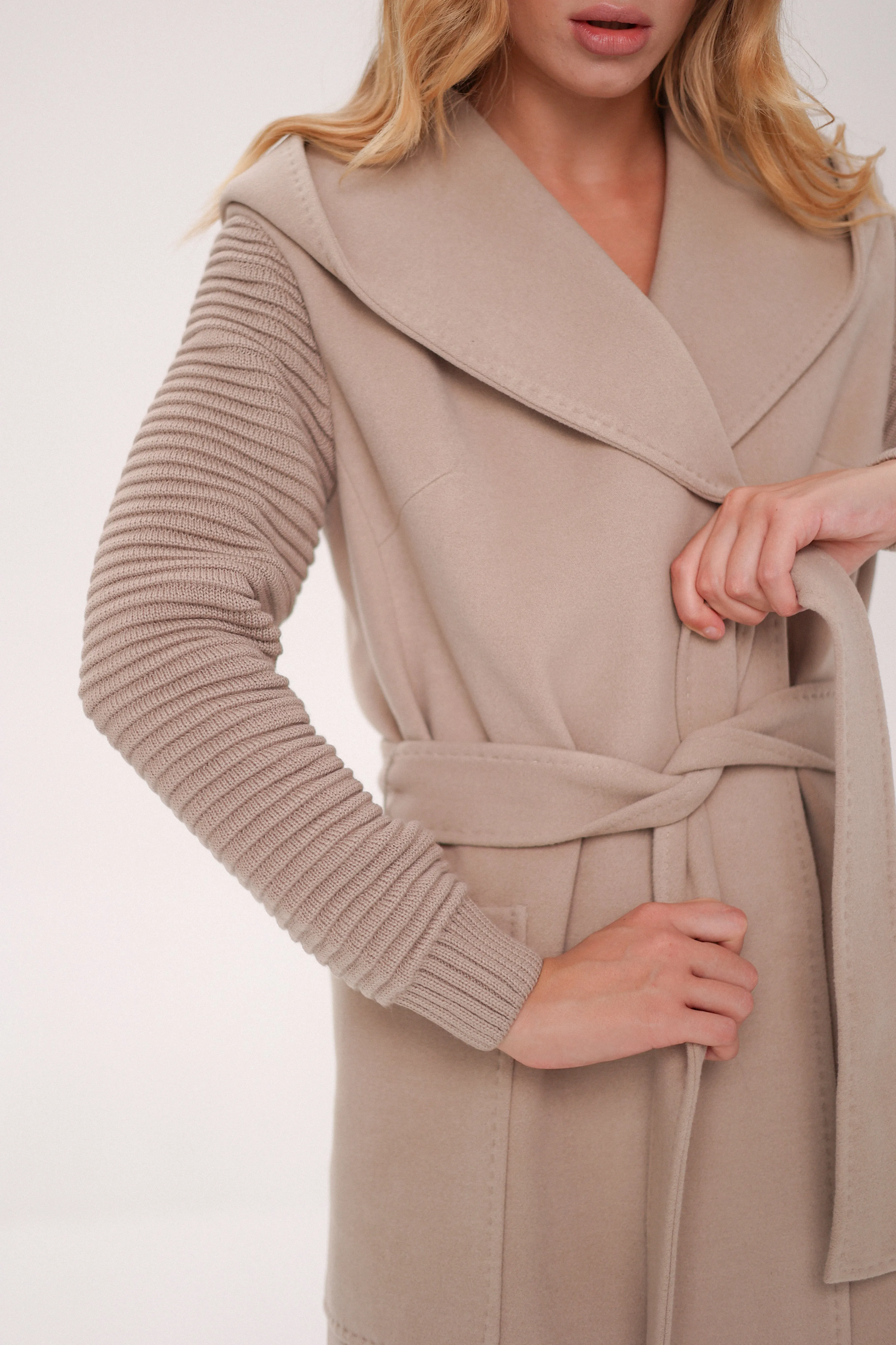 Hooded Knit Sleeves Cashmere Wool Coat in Nude