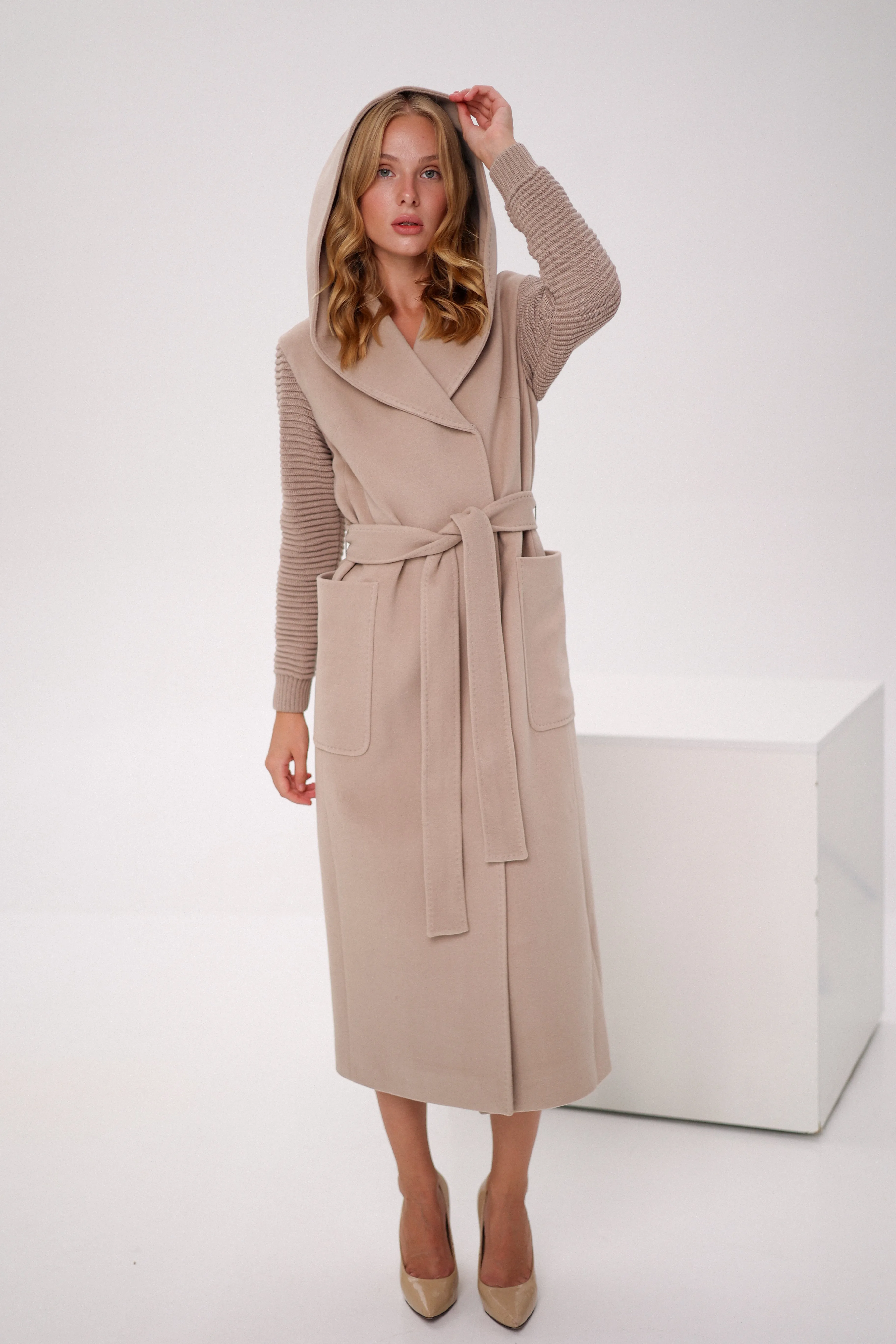 Hooded Knit Sleeves Cashmere Wool Coat in Nude