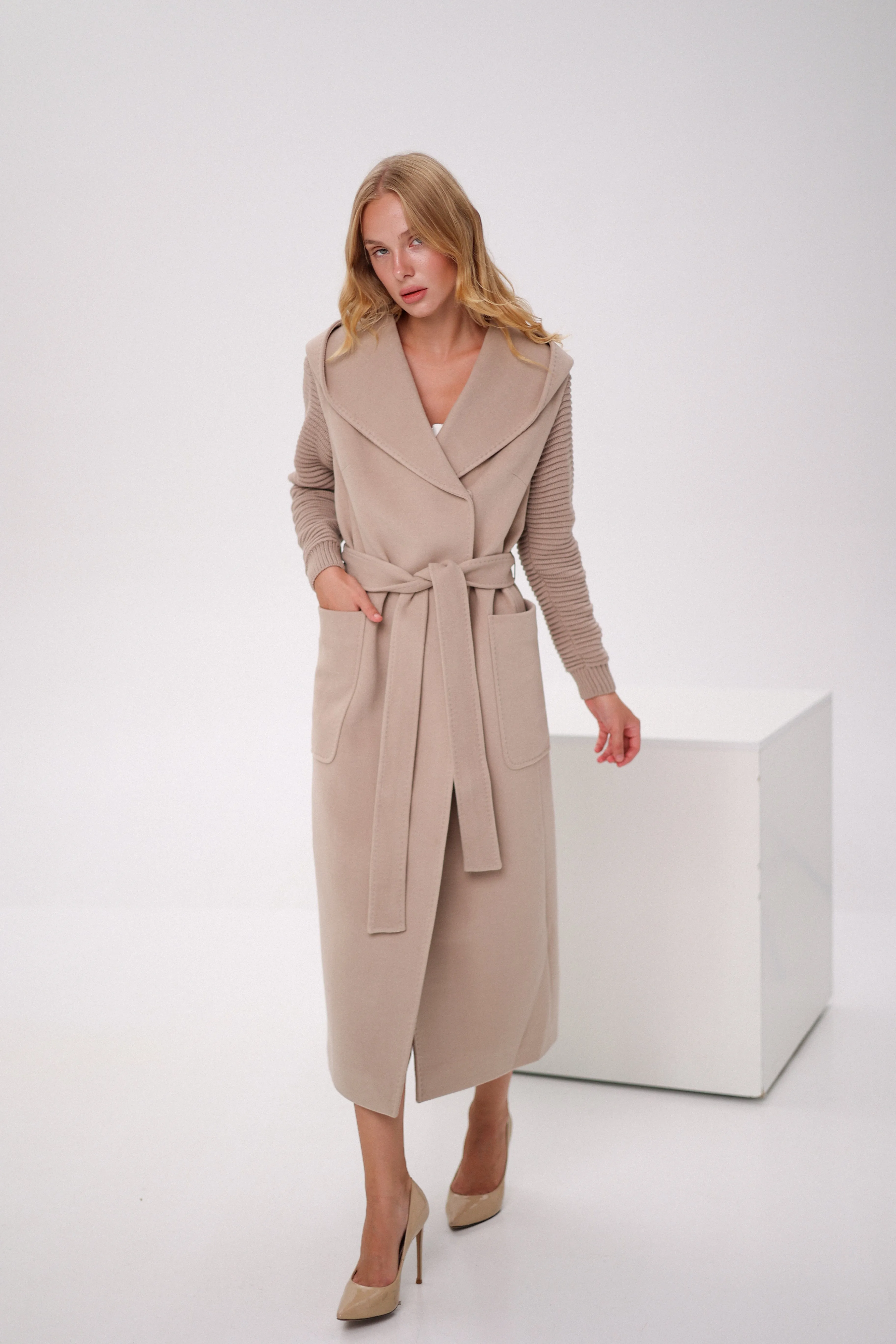 Hooded Knit Sleeves Cashmere Wool Coat in Nude