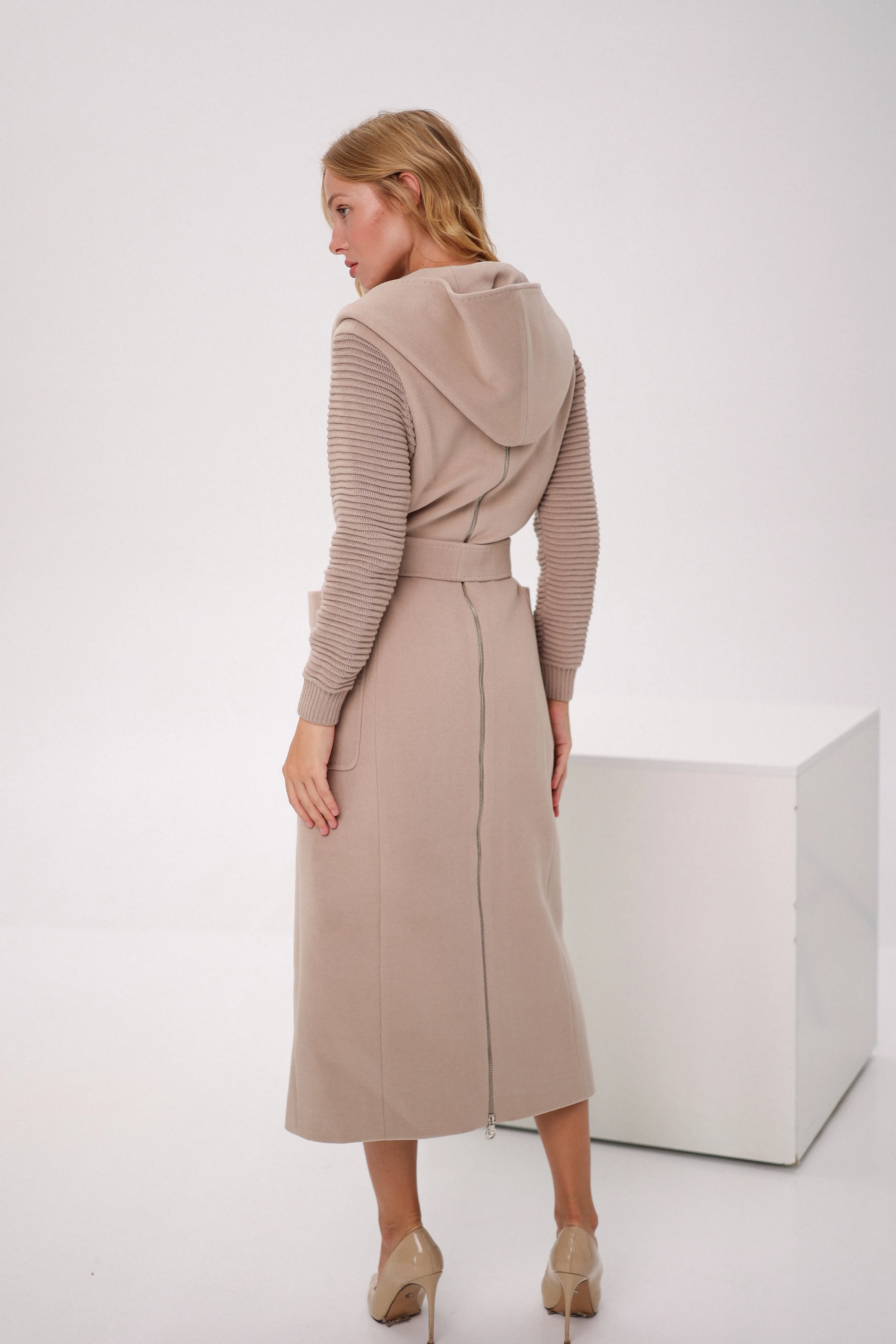 Hooded Knit Sleeves Cashmere Wool Coat in Nude