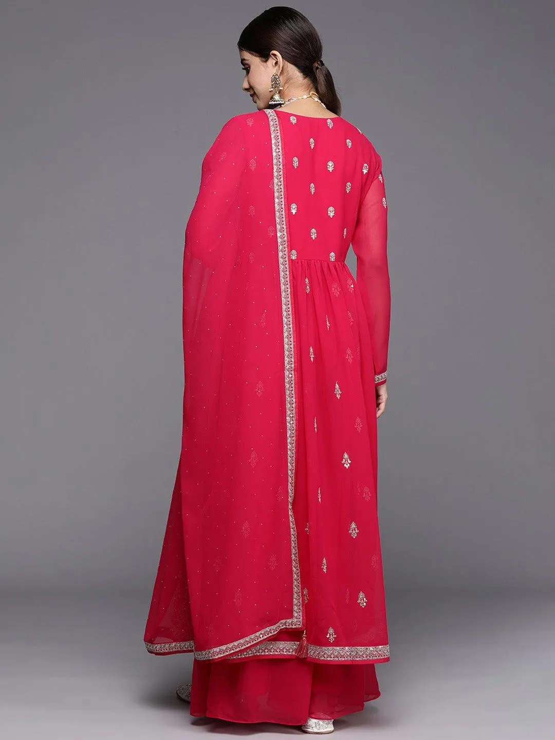 Hot Pink Embroidered Georgette A-Line Kurta With Palazzos & Dupatta