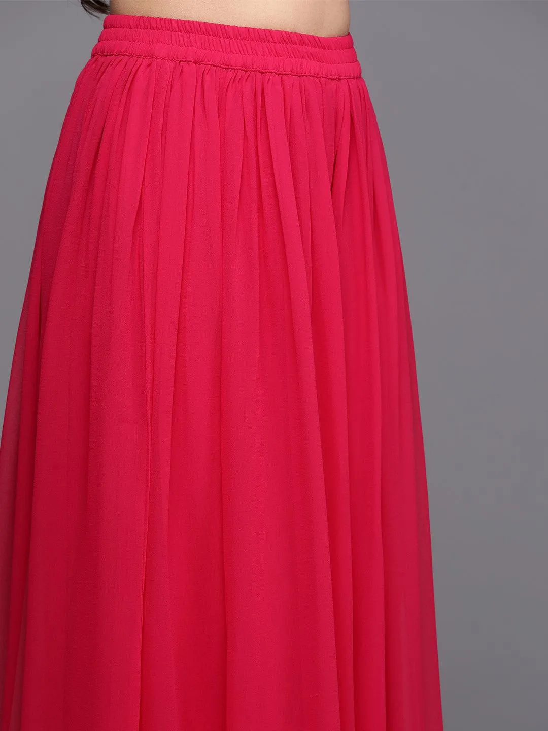 Hot Pink Embroidered Georgette A-Line Kurta With Palazzos & Dupatta