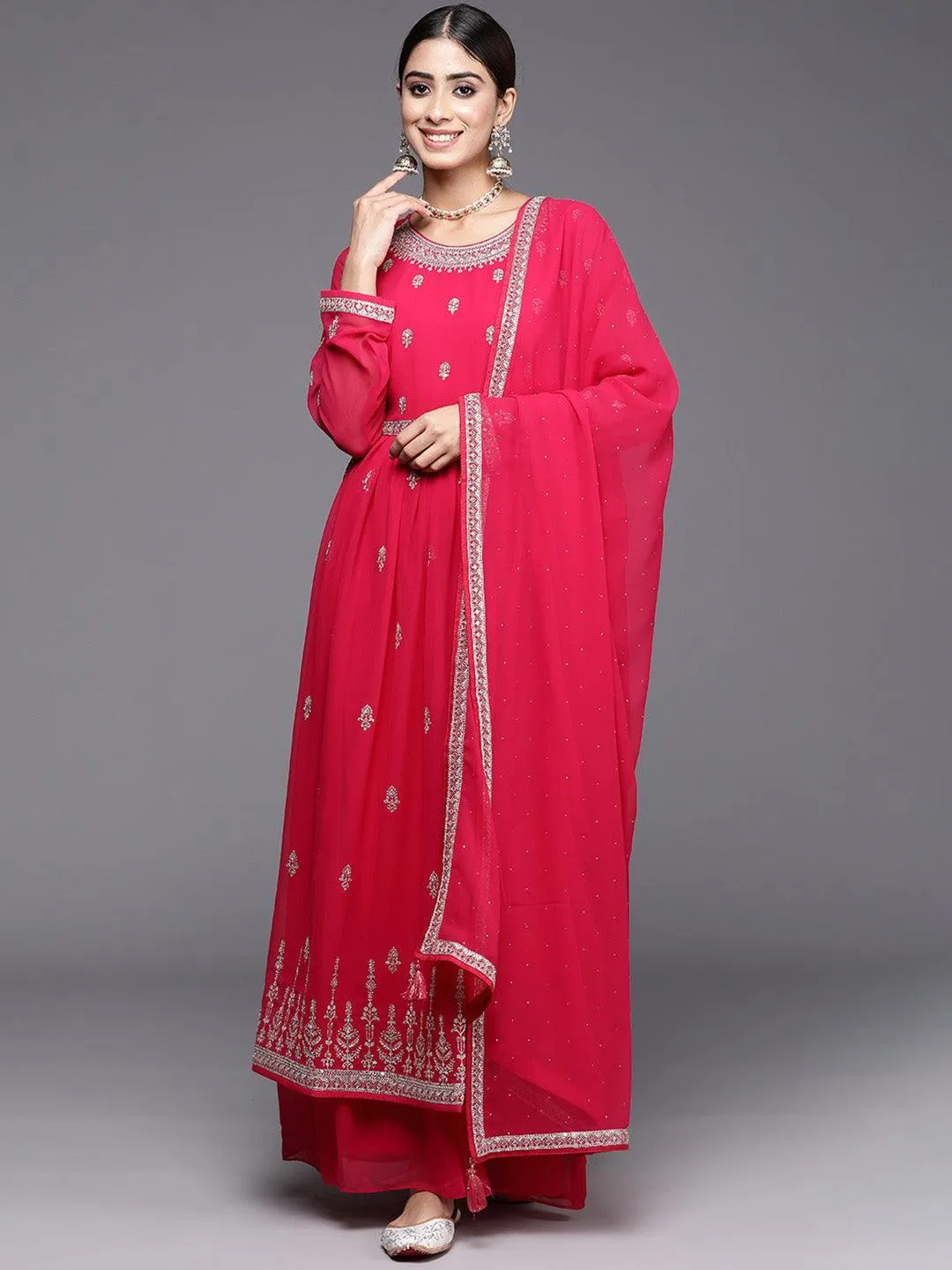 Hot Pink Embroidered Georgette A-Line Kurta With Palazzos & Dupatta