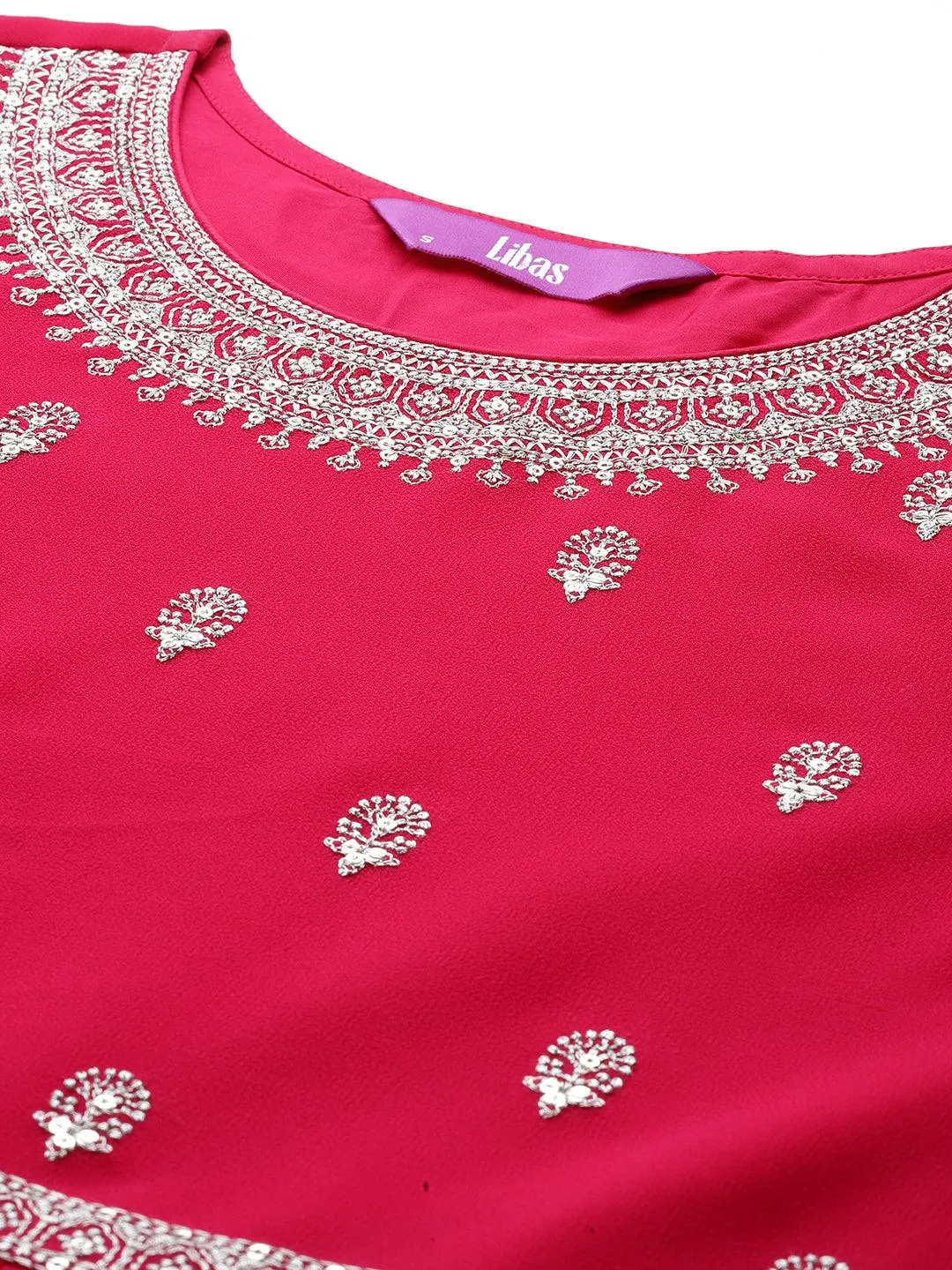 Hot Pink Embroidered Georgette A-Line Kurta With Palazzos & Dupatta