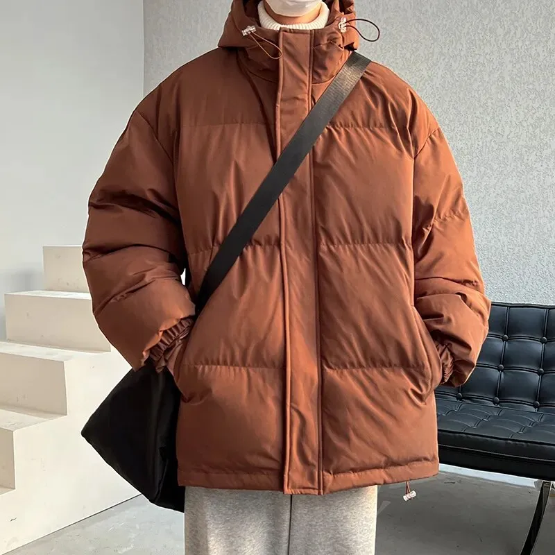 Ilooove - 2023 New Minimalist Coat Men Warmth Thickened Hooded Parka Drawstring Winter Casual Loose Coat Male Street Outdoor Parkas Jacket