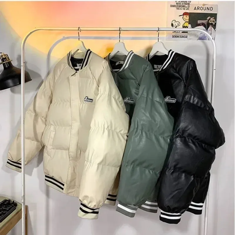 Ilooove American Baseball Uniform PU Bomber Jacket Hip Hop Thickened Stand Collar Parkas Loose Versatile Couple Winter Coat