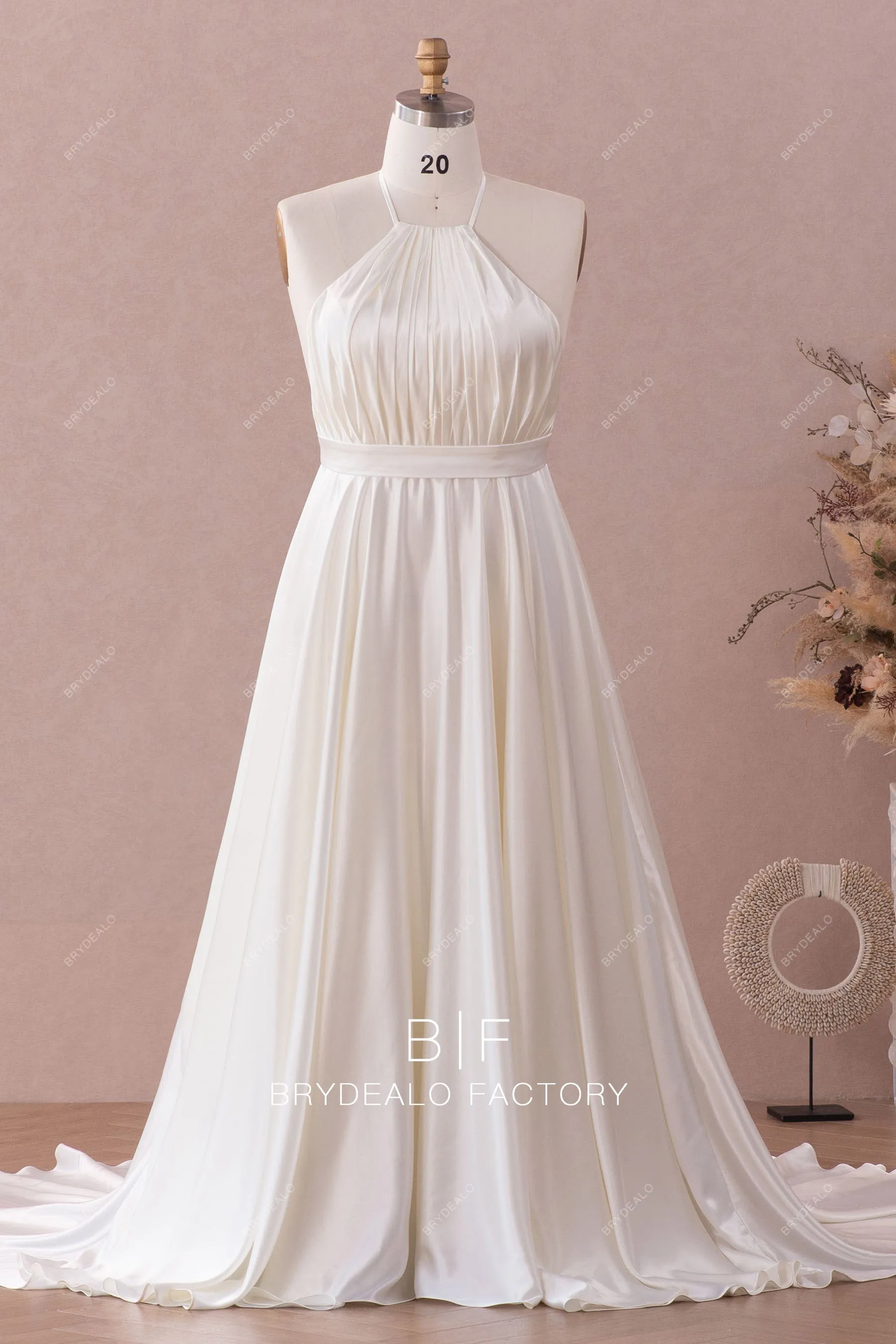 Ivory Silky Satin Plus Size Simple Halter Open Back Wedding Dress