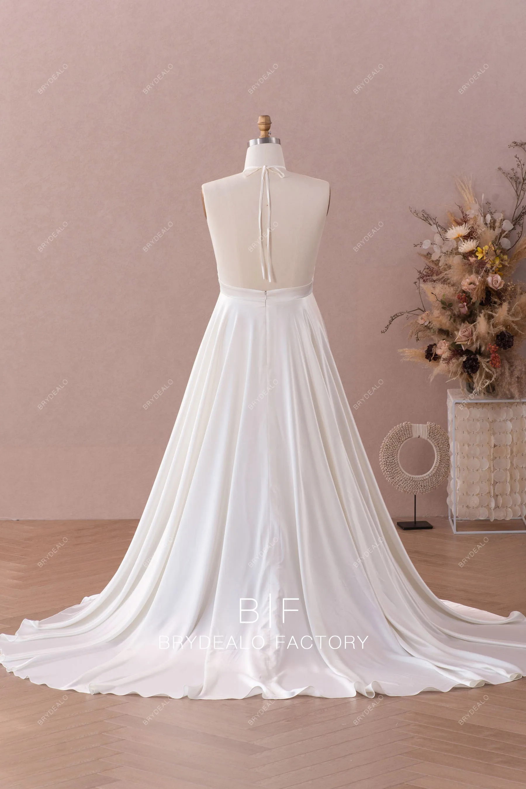 Ivory Silky Satin Plus Size Simple Halter Open Back Wedding Dress