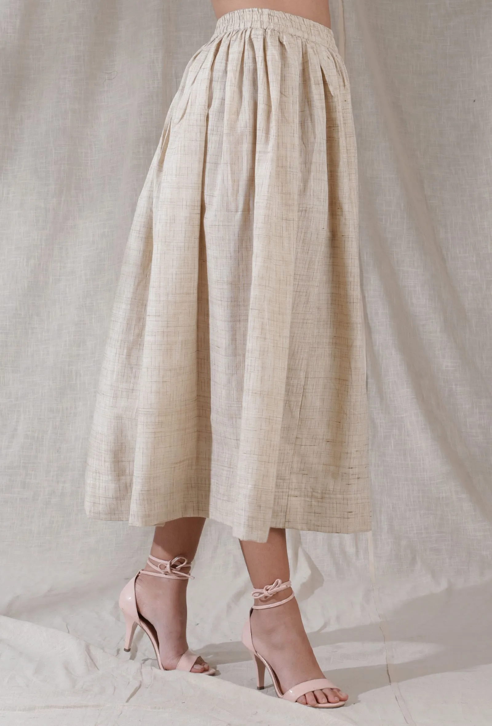 Ivory tan gathered and flared khadi calf length skirt