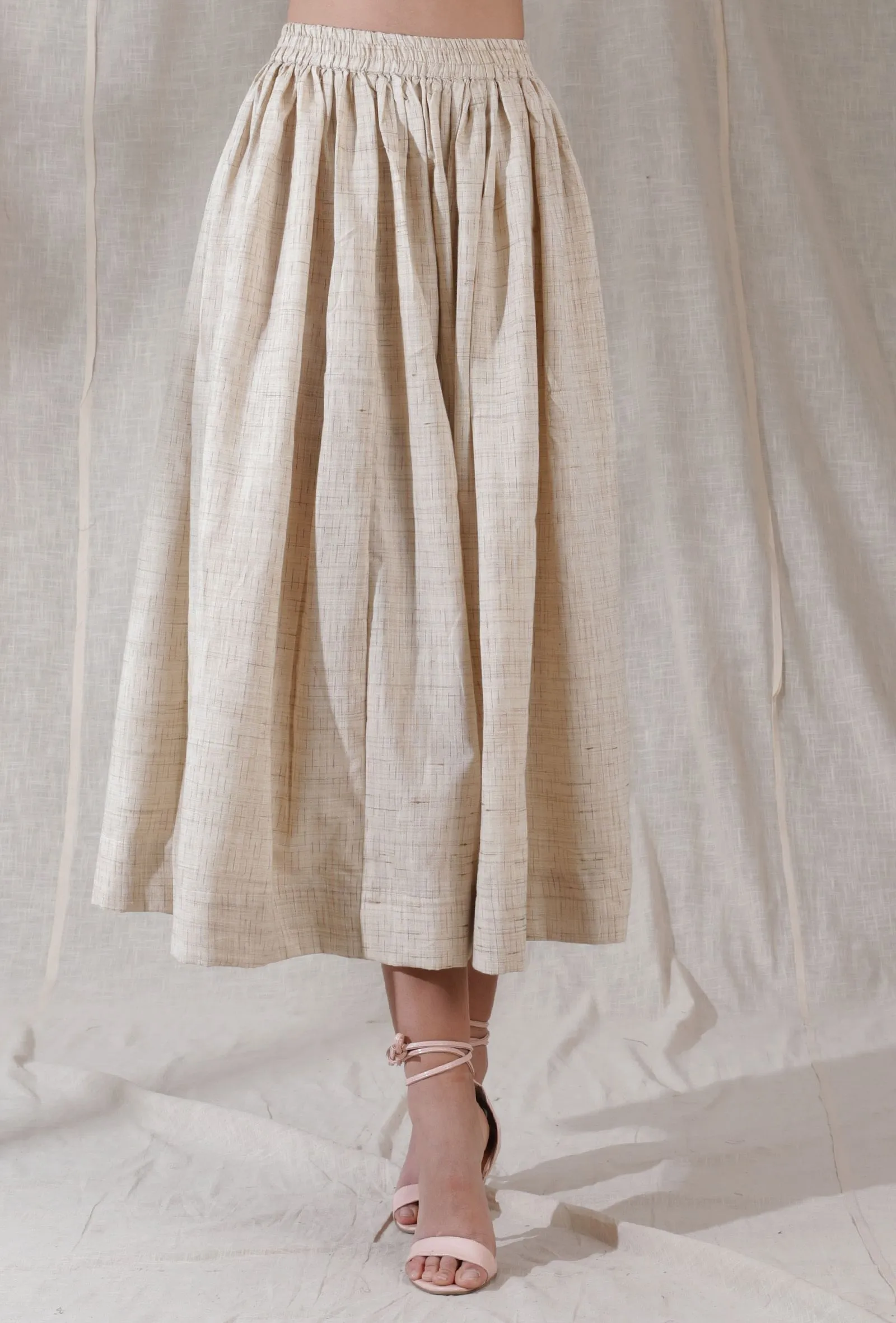 Ivory tan gathered and flared khadi calf length skirt