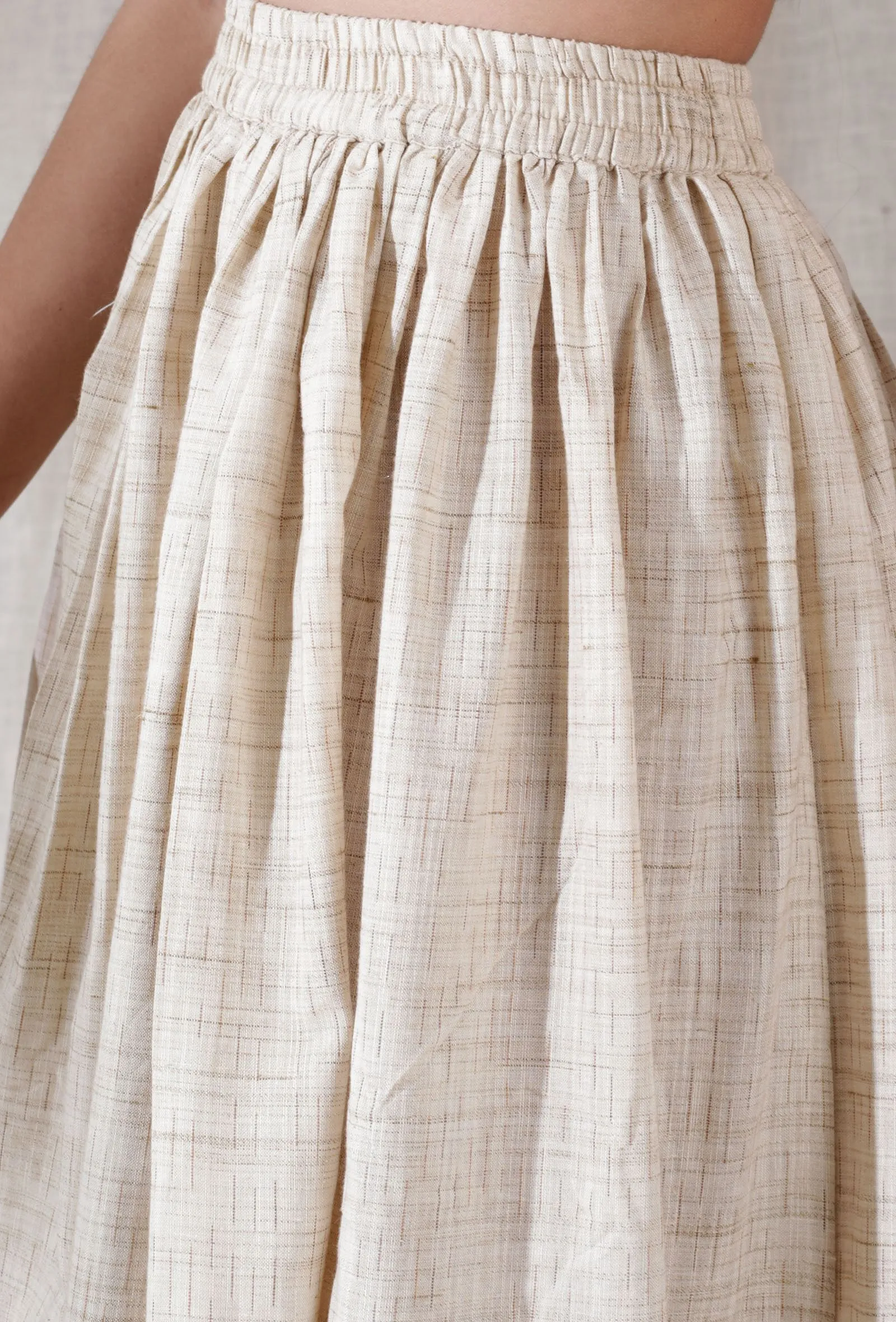 Ivory tan gathered and flared khadi calf length skirt