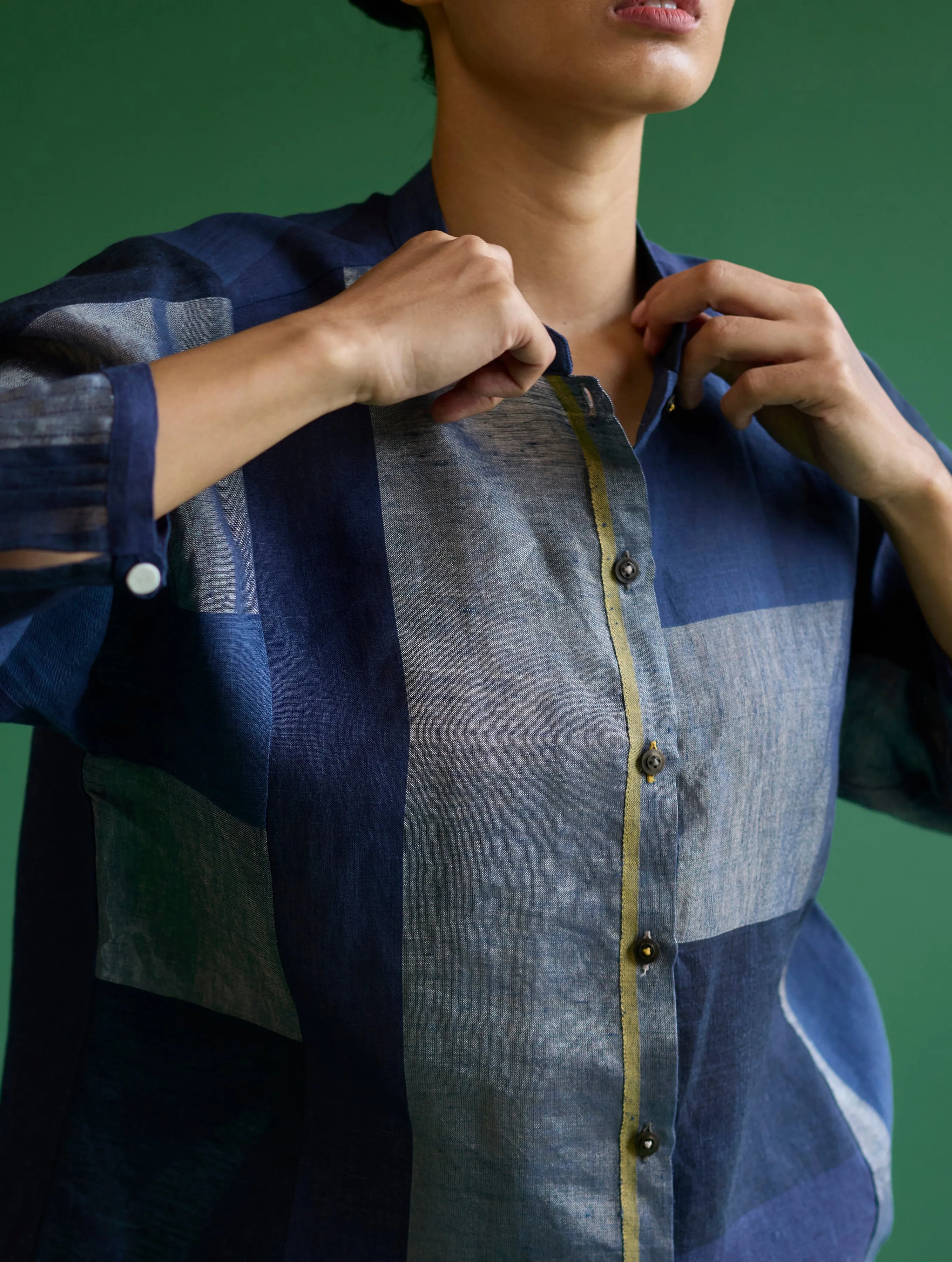 Izara Stripe Patchwork Linen Shirt - Navy