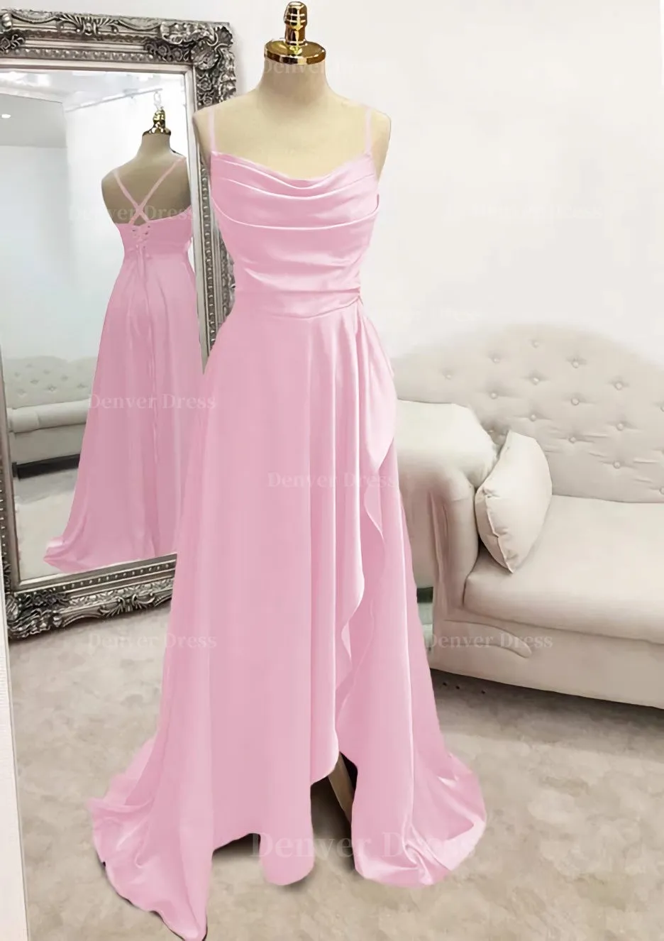 kamahe A-line Bateau Spaghetti Straps Long/Floor-Length Satin Prom Dress With Pleated Split