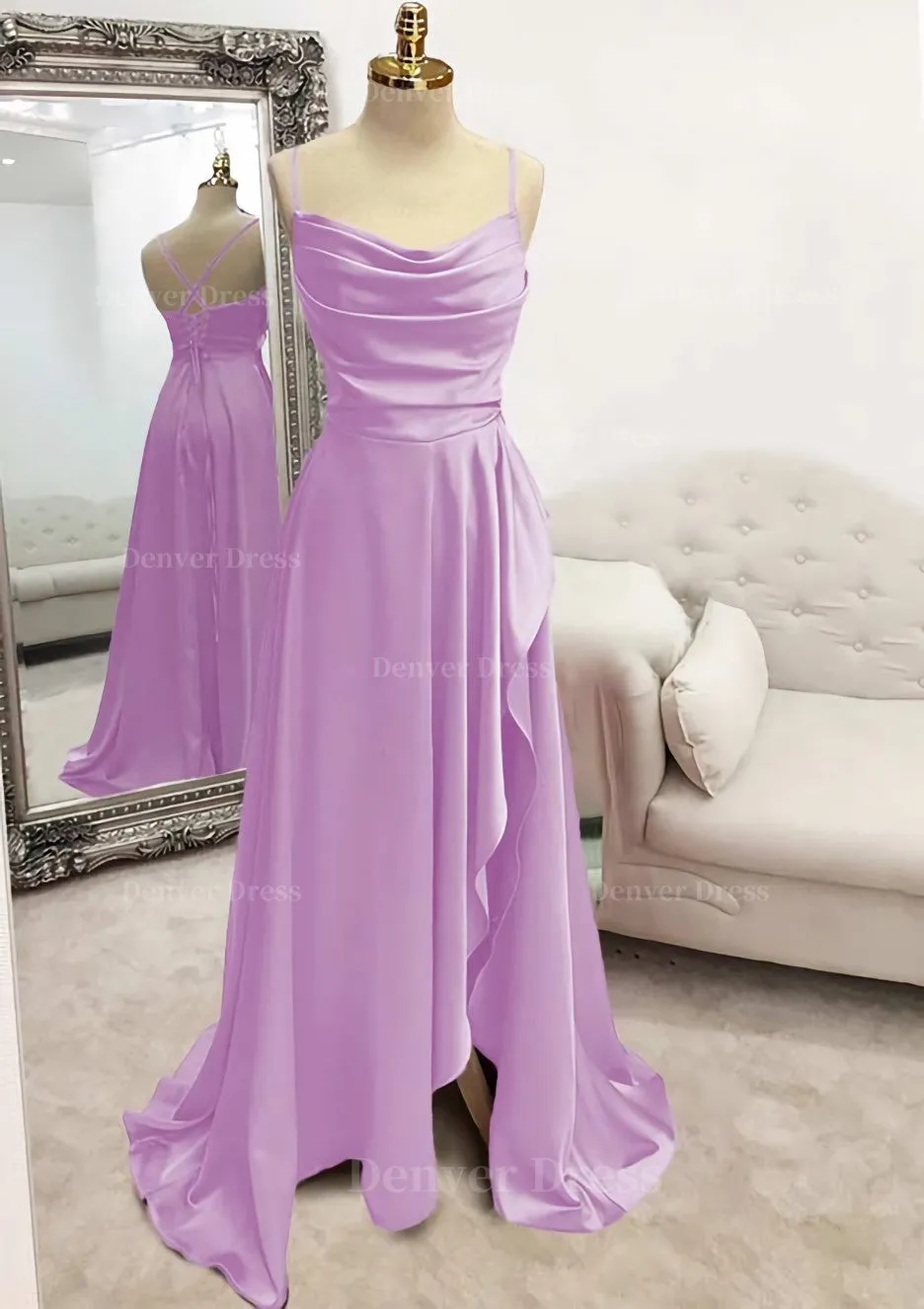 kamahe A-line Bateau Spaghetti Straps Long/Floor-Length Satin Prom Dress With Pleated Split