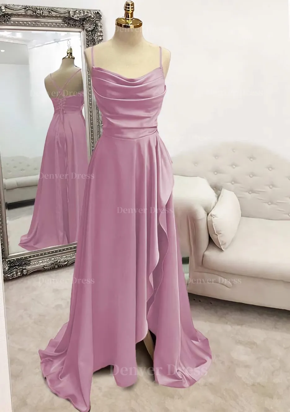 kamahe A-line Bateau Spaghetti Straps Long/Floor-Length Satin Prom Dress With Pleated Split