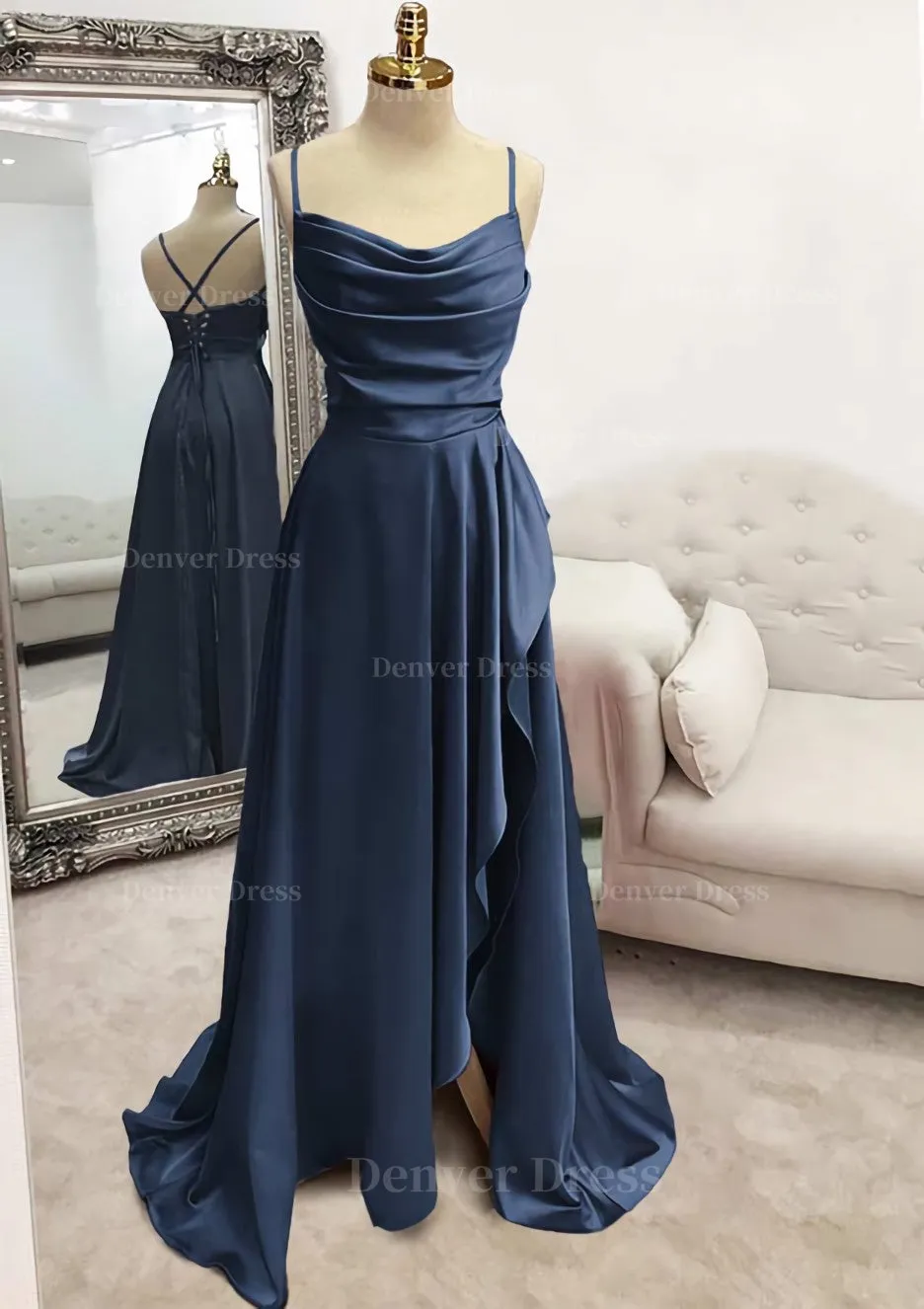 kamahe A-line Bateau Spaghetti Straps Long/Floor-Length Satin Prom Dress With Pleated Split