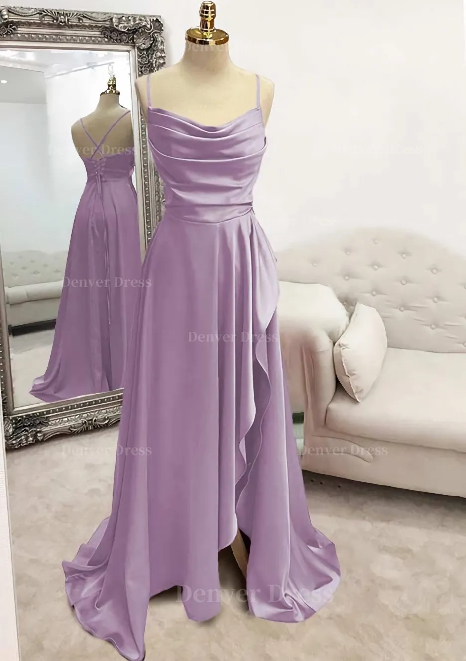 kamahe A-line Bateau Spaghetti Straps Long/Floor-Length Satin Prom Dress With Pleated Split