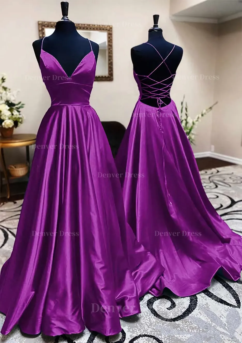 kamahe A-line V Neck Spaghetti Straps Long/Floor-Length Charmeuse Prom Dress With Pleated