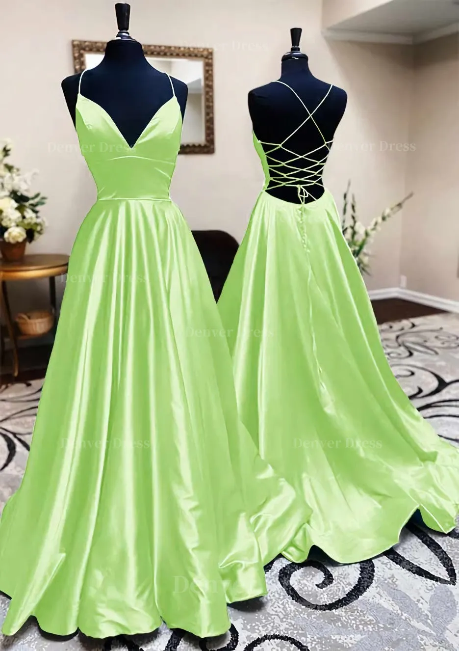 kamahe A-line V Neck Spaghetti Straps Long/Floor-Length Charmeuse Prom Dress With Pleated