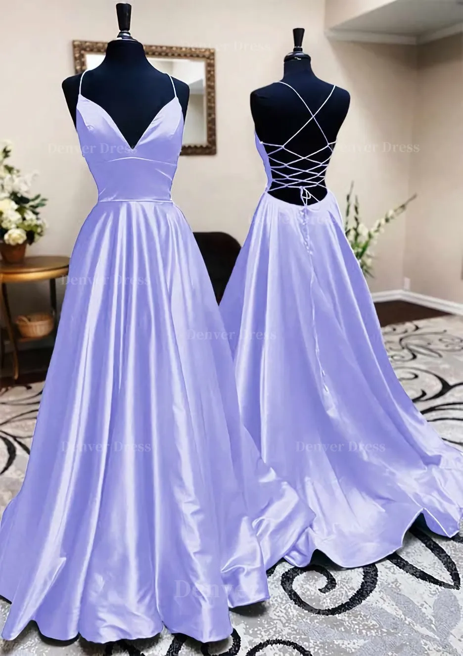 kamahe A-line V Neck Spaghetti Straps Long/Floor-Length Charmeuse Prom Dress With Pleated