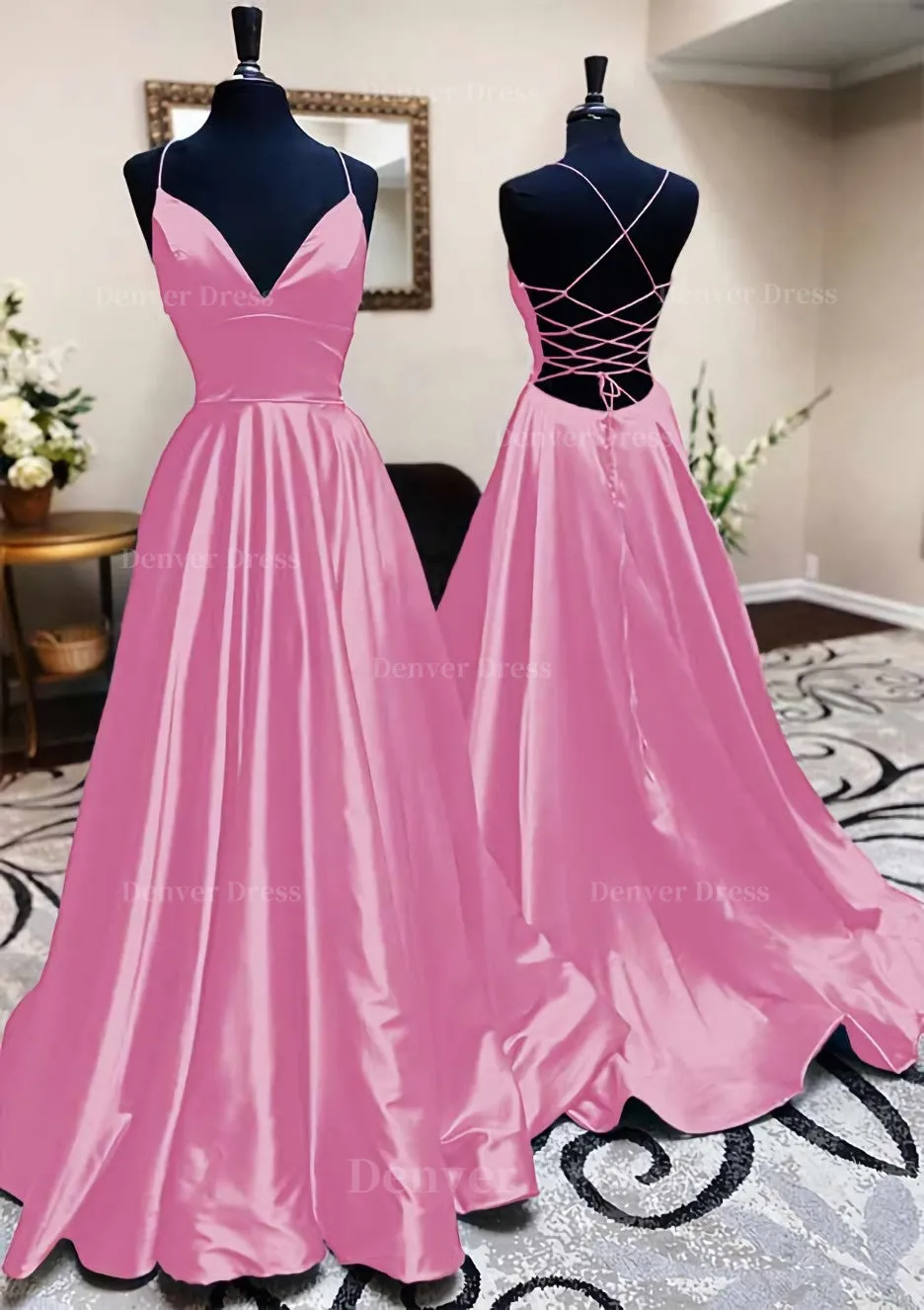 kamahe A-line V Neck Spaghetti Straps Long/Floor-Length Charmeuse Prom Dress With Pleated