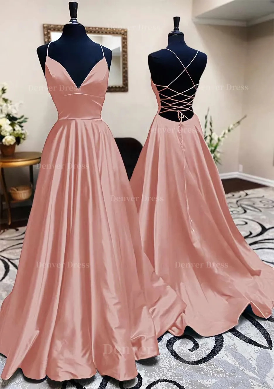 kamahe A-line V Neck Spaghetti Straps Long/Floor-Length Charmeuse Prom Dress With Pleated