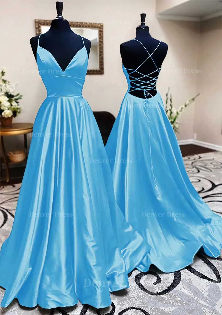 kamahe A-line V Neck Spaghetti Straps Long/Floor-Length Charmeuse Prom Dress With Pleated