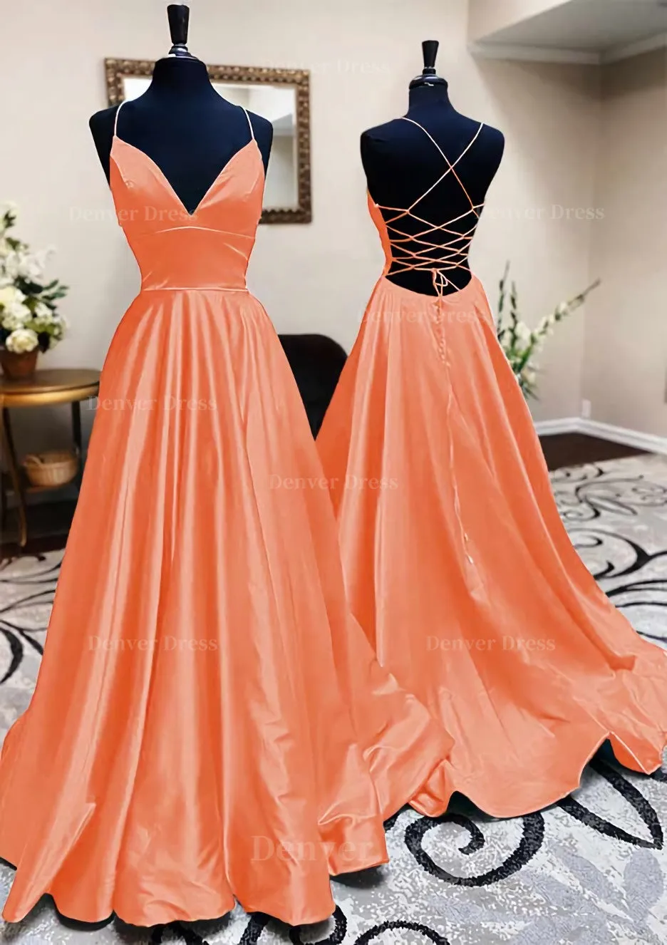 kamahe A-line V Neck Spaghetti Straps Long/Floor-Length Charmeuse Prom Dress With Pleated